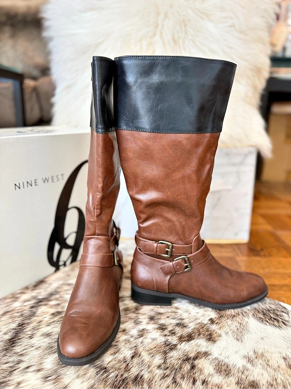 Nine West Tall Two-Tone Buckle Boots in Brown & Black Like New